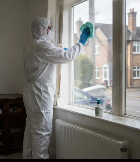 Cleaner wiping a window in a UK home
